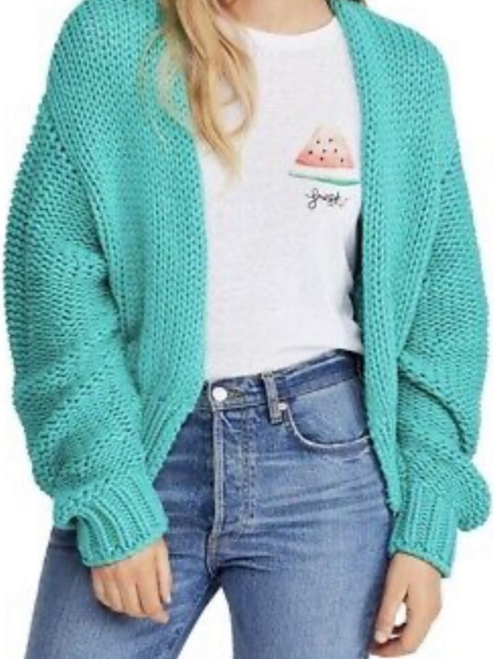 Free People Teal Chunky Crop Oversize Open Knit Slouchy Cardigan Size S
